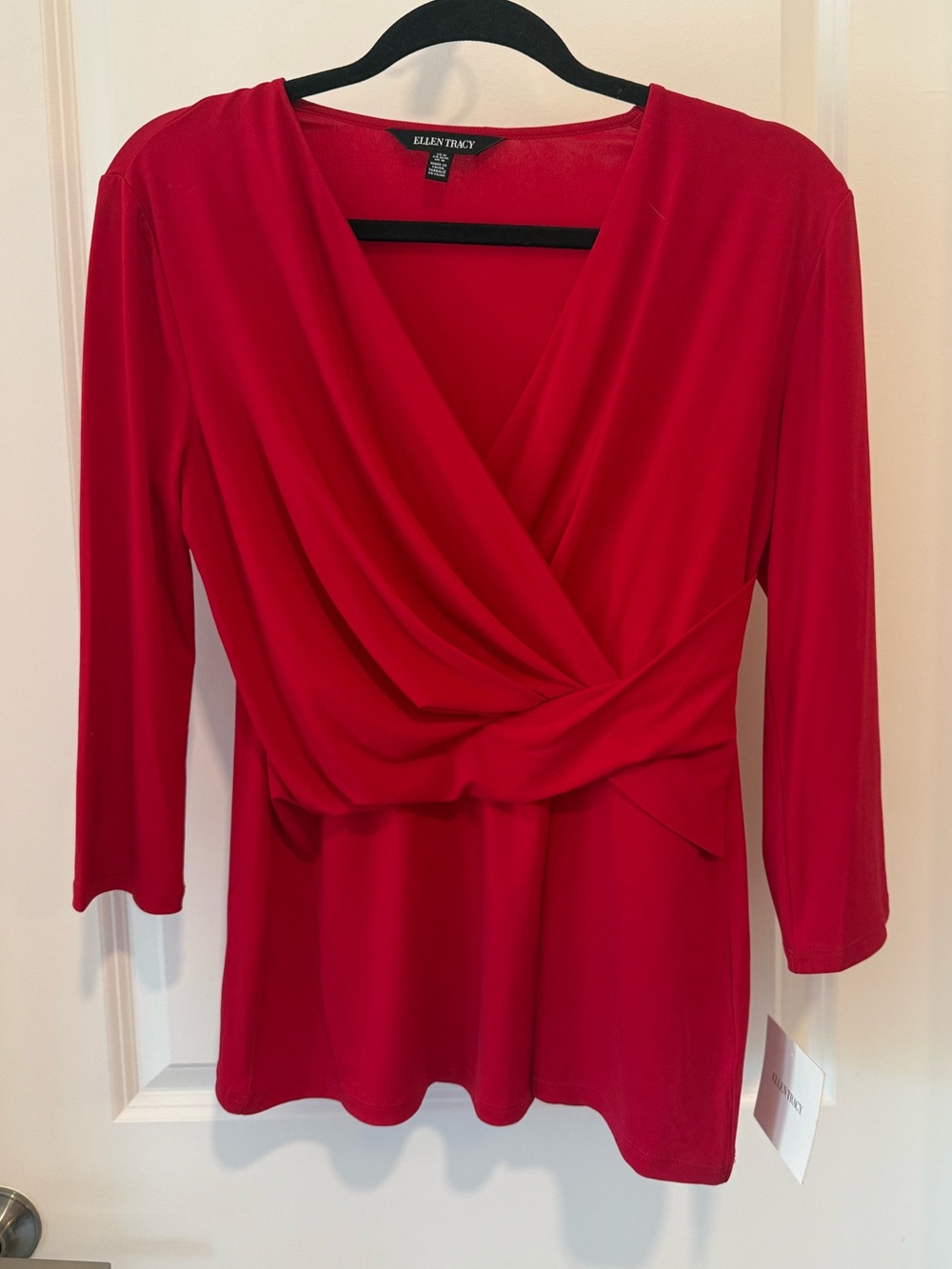 Ellen Tracy Crimson Faux-Wrap Long Sleeve Top